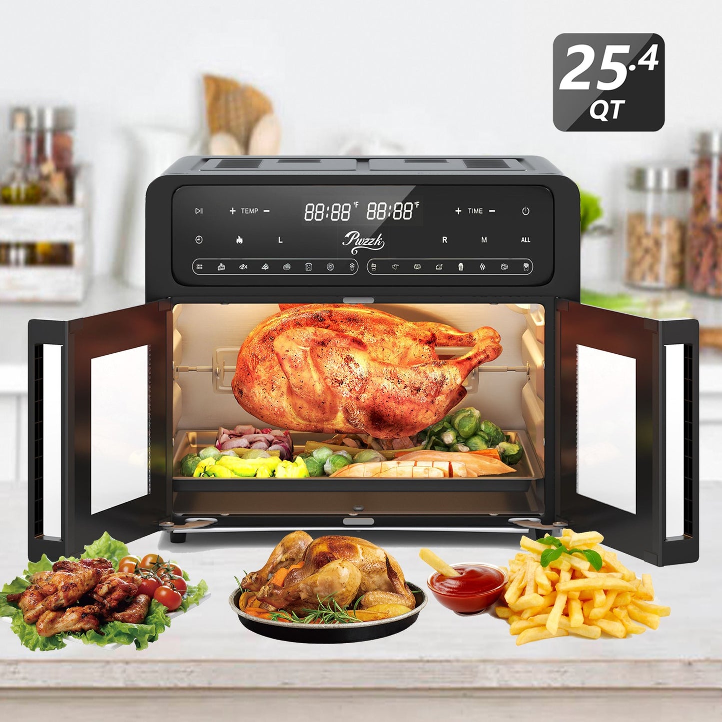 PwZzk 25.4QT Dual Zone Air Fryer Toaster Oven Combo with French Glass Door